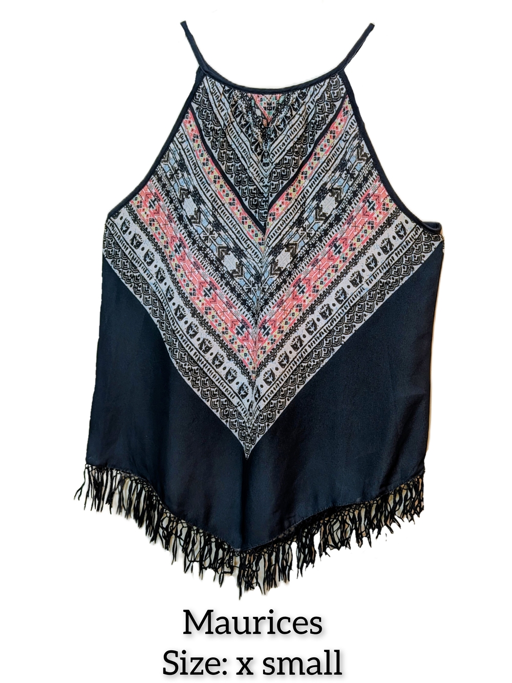 Maurices Black Fringe Halter Tank with Pink & Light Blue Aztec Print NWT